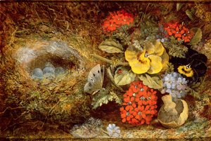 Bloemen en vogelnest met vlinder en paddenstoel